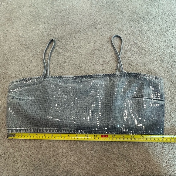 Zara TRF gray foil sequin embellished denim jean crop top sparkly Sz XXL NWOT - Picture 12 of 15